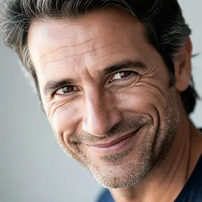 Close-up portrait of a friendly French man in his 40s, warm expression, natural daylight, neutral background, realistic photography, sharp focus, head and shoulders, no text, no logos
