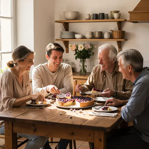 Realistic photo of a family gathered around a wooden table sharing a homemade dessert, warm candid atmosphere, natural light, French home kitchen setting, high resolution, no text, no logos