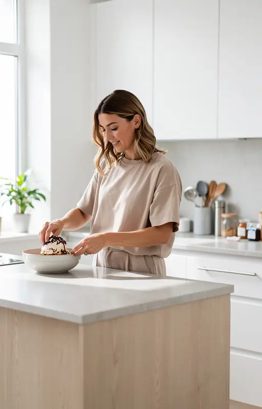 Realistic photo of a woman preparing a homemade dessert in a bright modern kitchen, natural daylight from a large window, minimal decor, soft neutral tones, candid moment, high resolution, no text, no logos