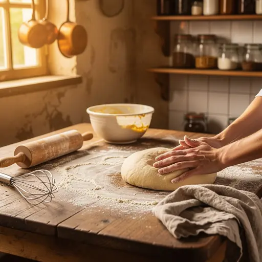 Warm documentary photo of a person preparing homemade pastry dough in a cozy French kitchen, rustic table with flour and utensils, golden window light, realistic, high resolution, no text, no logos