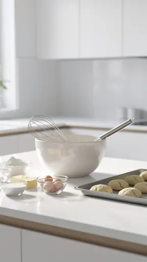 Minimalist bright kitchen counter scene with mixing bowl, whisk, baking sheet, and ingredients neatly arranged, soft morning light, realistic photography, high resolution, no text, no logos