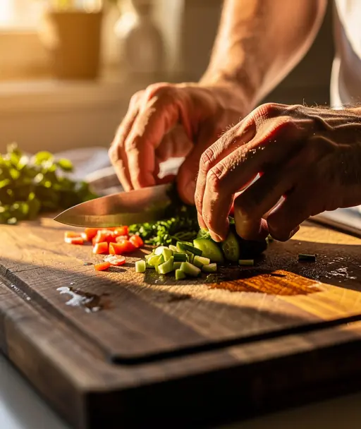 Close-up realistic photo of hands preparing ingredients on a wooden cutting board in warm golden light, cozy kitchen atmosphere, shallow depth of field, high resolution, no text, no logos