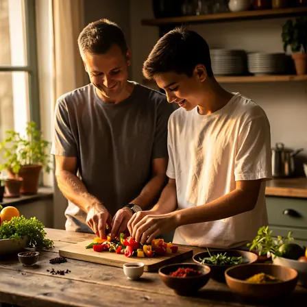 Warm realistic photo of an adult teaching a teenager to prepare ingredients in a cozy kitchen, soft natural light, wooden table, candid moment, high resolution, no text, no logos