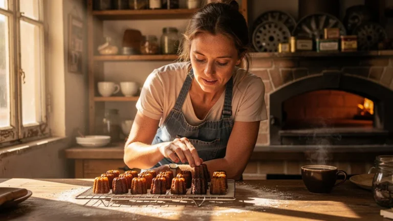 Jeune femme découvre la beauté du canelé à Sète, cuisson parfaite dans une cuisine chaleureuse et lumineuse