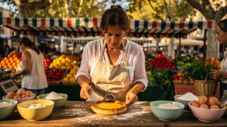 Femme au marché des Arceaux avec flan parisien montrant échec dû à excès de sucre