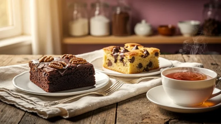 Brownie aux noix et blondies aux pépites présentés pour le goûter, choix gourmand en gros plan réaliste