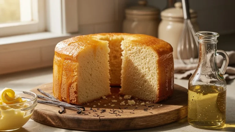 Cake à la vanille moelleux au beurre et à l'huile, texture parfaite et ambiance chaleureuse de cuisine