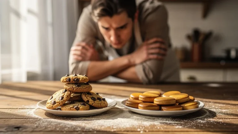 Comparaison cookies pépites maison et boulangerie sur plan de travail avec lumière naturelle et ambiance chaleureuse