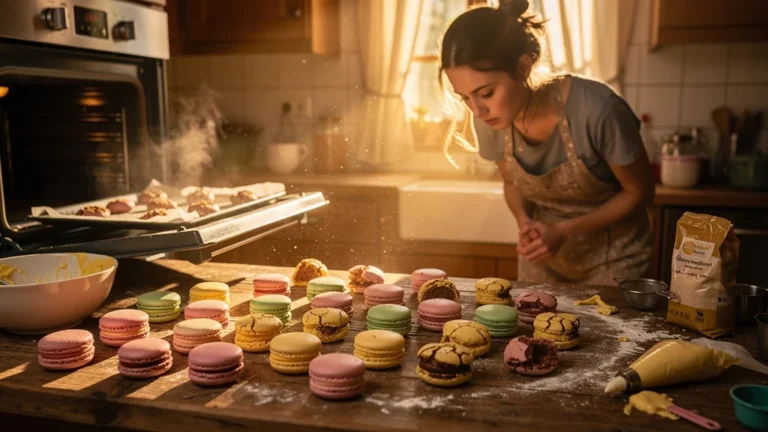 Macarons ratés après ouverture du four à 6 minutes de cuisson, scènes de pâtisserie désastreuse