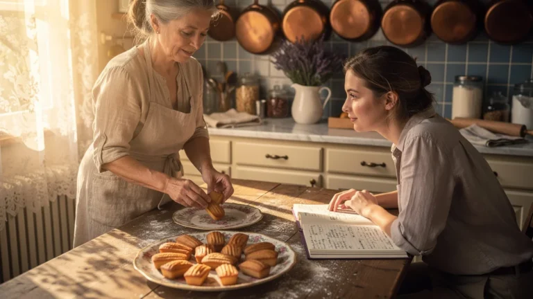 Photo réaliste d'une mère transmettant la recette originale de financier à sa fille dans une cuisine chaleureuse