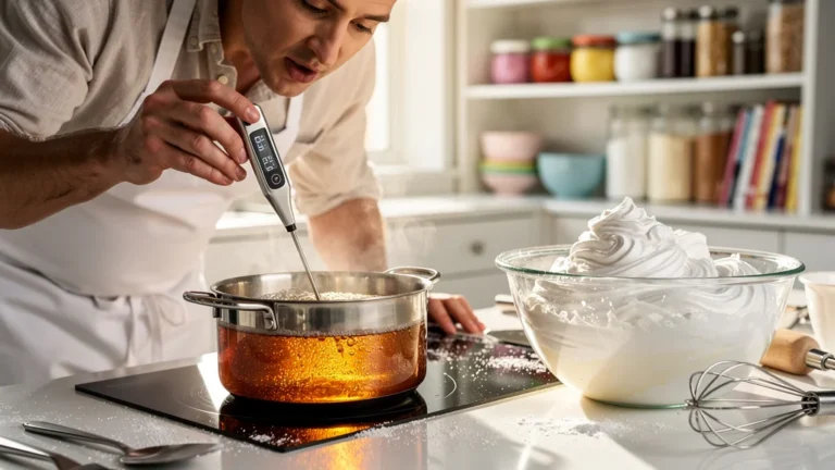 Chef concentré utilisant un thermomètre précis pour préparer une meringue italienne parfaite en cuisine moderne