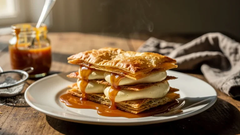 Photo ultra-réaliste d’un mille-feuille dressé à la dernière minute avec caramel ramolli coulant