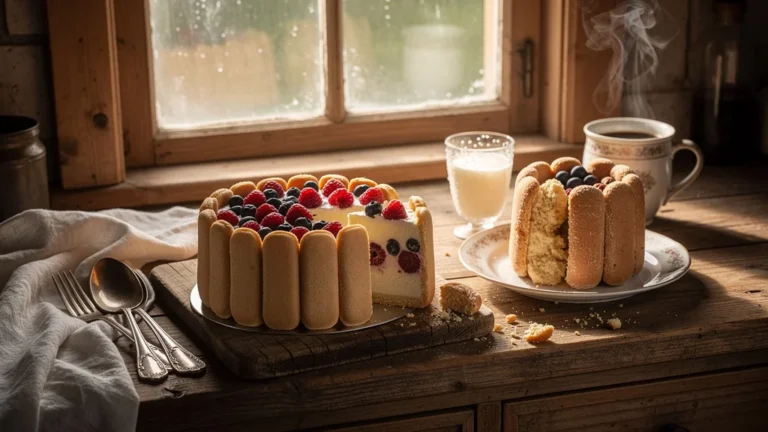 Comparaison hyperréaliste des charlottes minute aux biscuits cuillère face aux versions maison en cuisine rustique