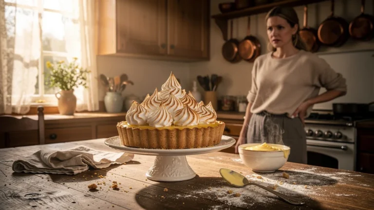 Photographie réaliste d’une tarte au citron meringuée avec crème tiède en cuisine rustique éclairée naturellement