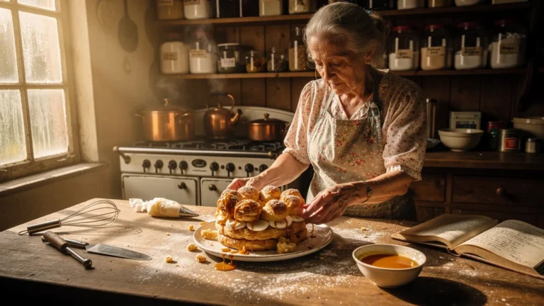Saint-Honoré effondré dans une cuisine rustique révélant la cuisson des choux chez ma mère