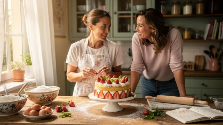 Discussion entre amies pâtissières autour d’un fraisier de printemps revisité en cuisine lumineuse