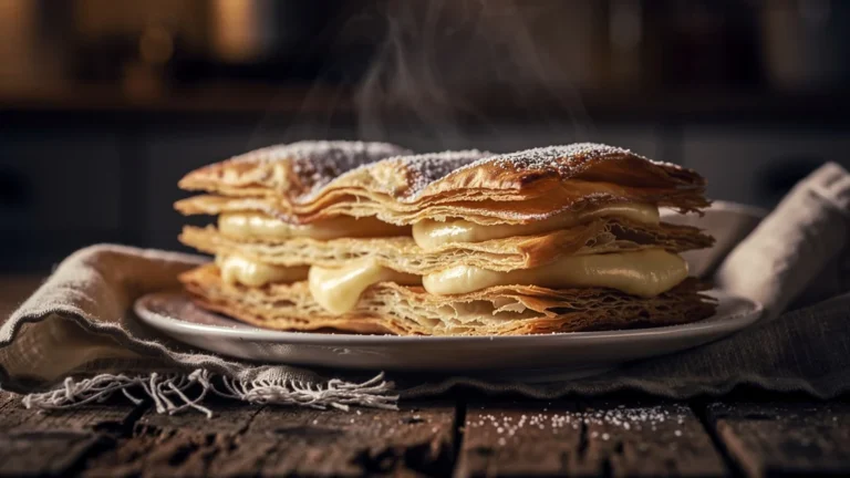 Photographie hyper-réaliste d'un mille-feuille doré et croustillant sous une lumière douce nocturne