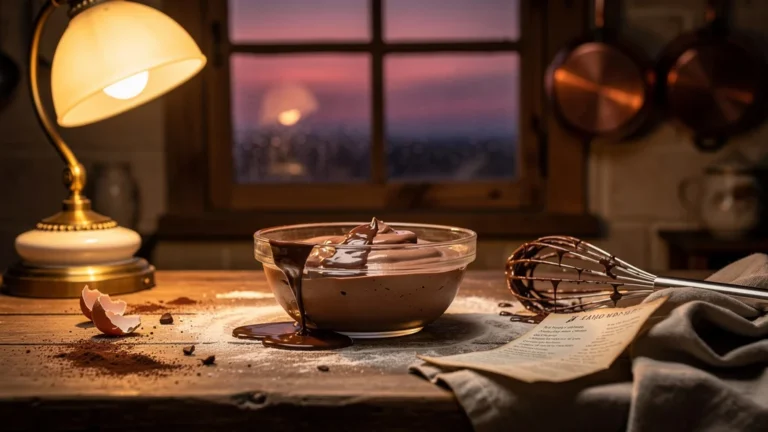 Photo réaliste d’une mousse au chocolat gâchée sur un comptoir en bois un soir d’été chaud
