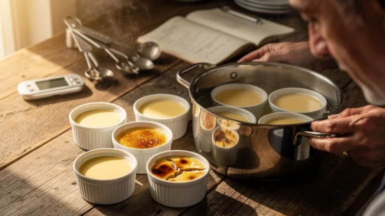 Cuisson au bain-marie de crème brûlée selon la taille des ramequins, cuisson adaptée après un échec