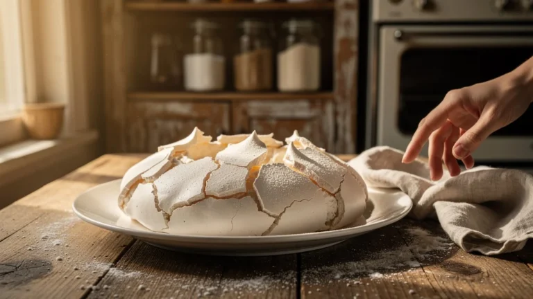 Pavlova fissurée dès la sortie du four, fragile meringue craquée et texture délicate visible en gros plan