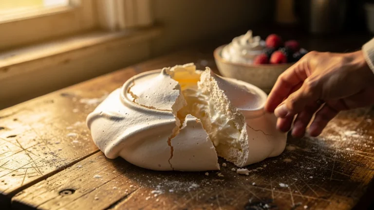 Pavlova fissurée sur une table en bois, symbole d'une meringue sortie trop tôt du four