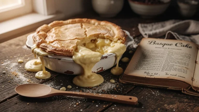Premier gâteau basque débordé, crème trop garnie avant cuisson, échec de cuisson visible et réaliste