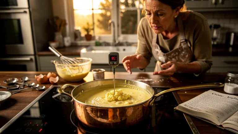 Crème anglaise qui tranche net à 85°C dans une cuisine professionnelle en lumière naturelle