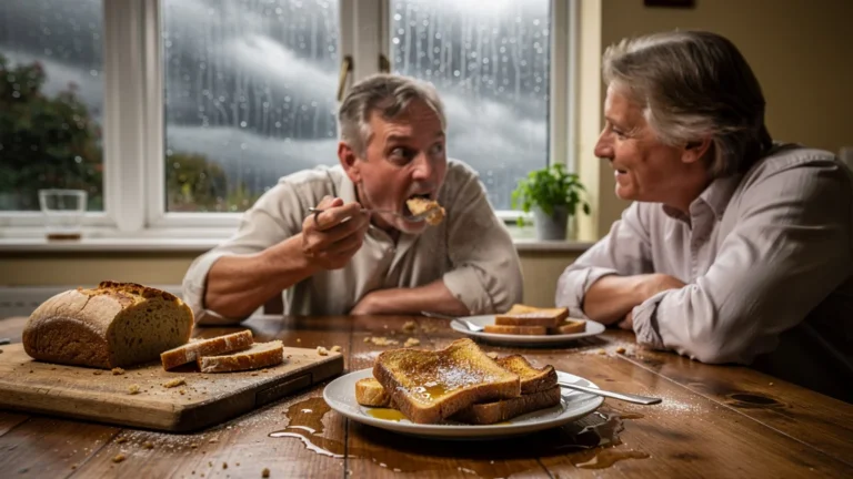 Photo hyper-réaliste d’un dimanche pluvieux avec pain perdu réconcilant un couple au petit-déjeuner