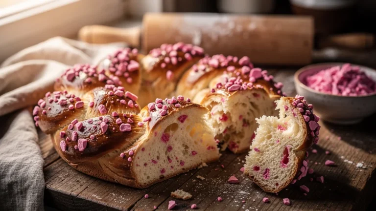 Brioche au praline rose dorée et brillante sur table en bois pour pâtisserie maison réussie