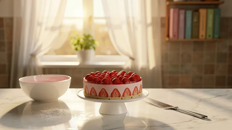 Fraisier frais sur plan de travail lumineux pour débuter les entremets sans stress, ambiance pâtisserie maison