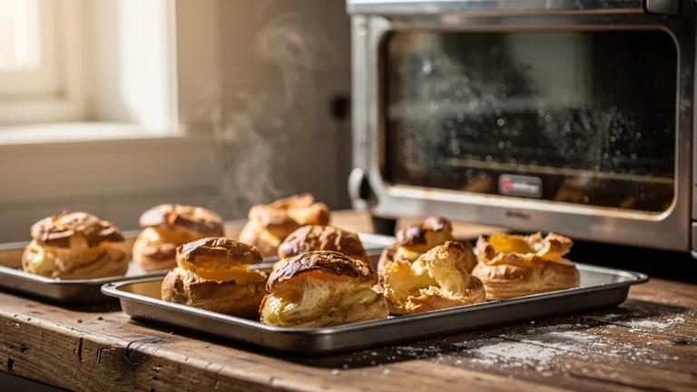 Deux fournées de choux affaissés sur un plan de travail en bois après cuisson ratée dans un four ouvert