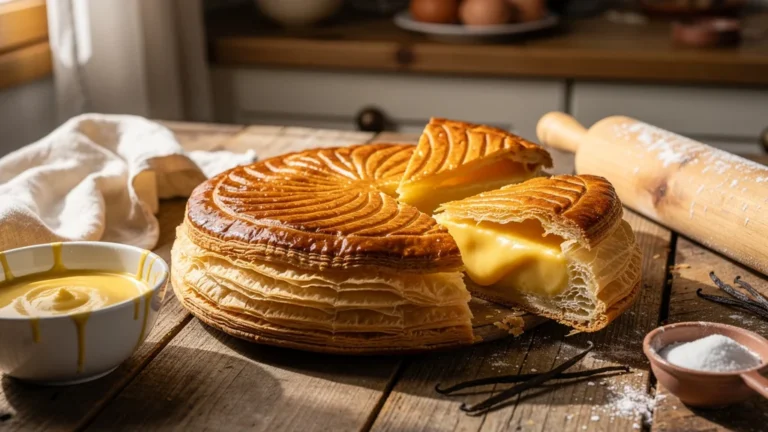 Galette des rois crème pâtissière dorée sur table en bois, pâtisserie maison lumineuse et détaillée