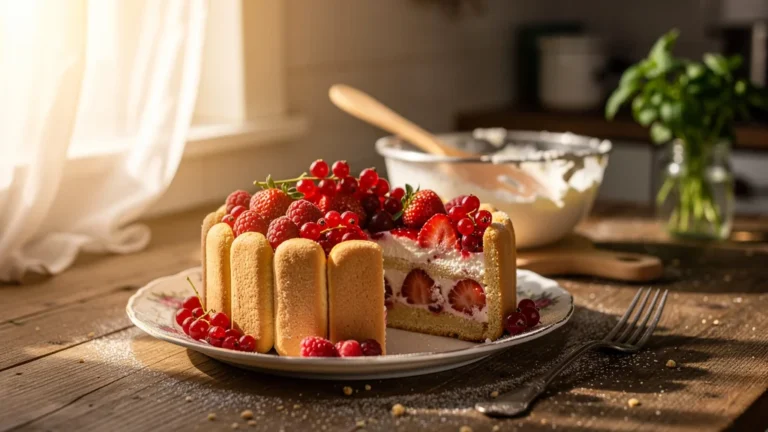 Charlotte aux fruits rouges simple et réussie posée sur une table en bois rustique, dessert maison élégant
