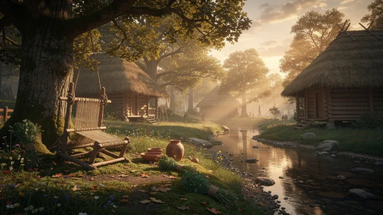 Paysage hyper-réaliste de la tribu herbretaise en forêt, ambiance naturelle et artisanale au coucher du soleil