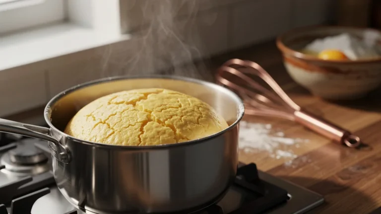 Pâte à chou dorée gonflée parfaitement dans une casserole en inox, cuisson réussie sans retombée
