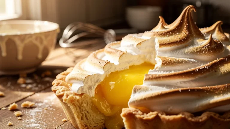 Photo hyper-réaliste de meringue pour tarte citron après 15 min de cuisson, texture dorée et citron vif