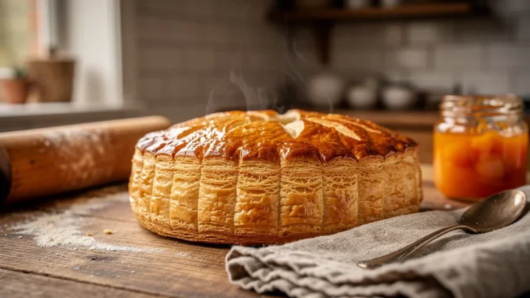 Pithiviers avec feuilletage net, bords scellés au froid, texture feuilletée dorée et croustillante