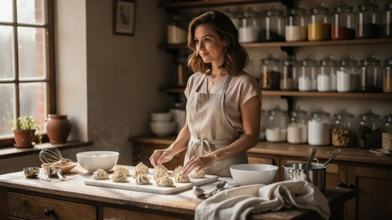 Portrait hyper-réaliste d’une rédactrice pâtisserie découvrant Ney’s dans une cuisine chaleureuse