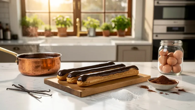 Cuisine moderne avec ingrédients pour la recette des éclair au chocolat avant préparation délicate