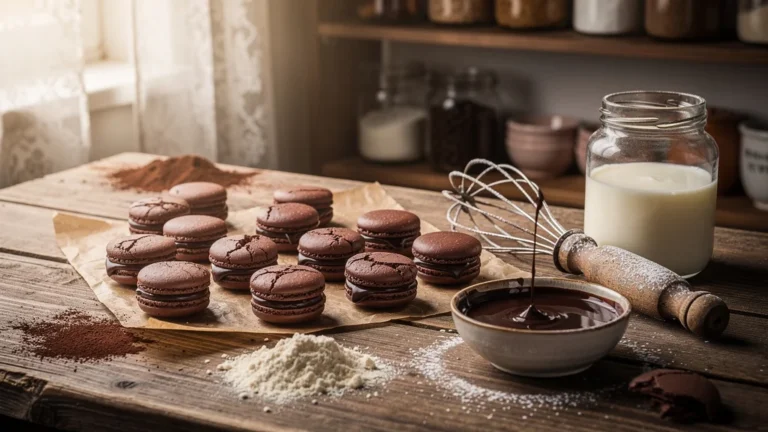 Recette macaron chocolat maison avec ingrédients et macarons frais sur plan de travail en bois