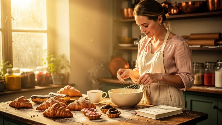 Cuisine baignée de lumière dorée avec pâtisseries et narratrice femme de 35 ans en pleine création